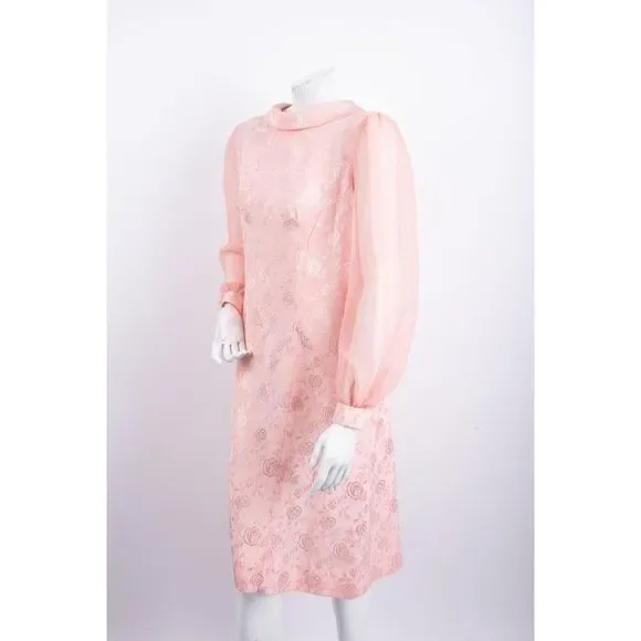 Vintage Sheath Dress Pink Roses Brocade L Puff sl - Picture 4 of 5